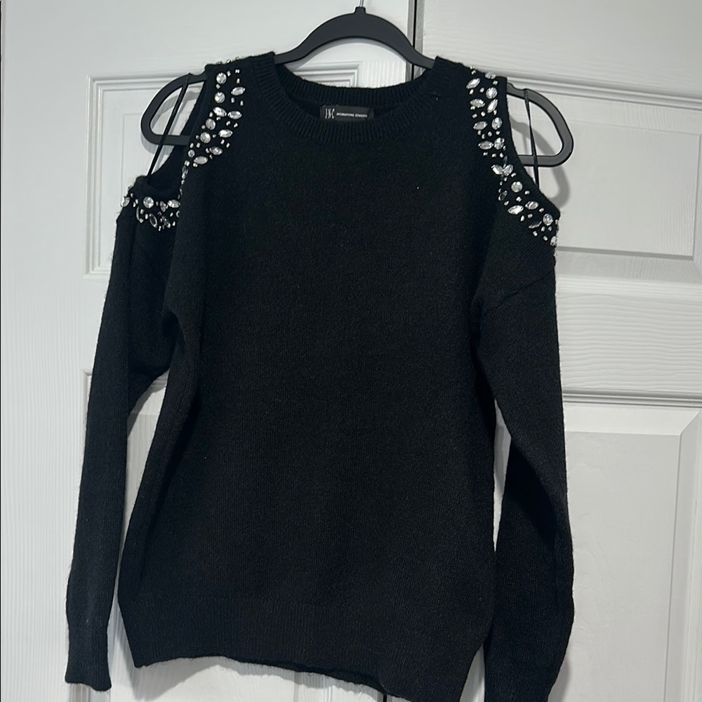 Embellished Black Cold Shoulder Sweater